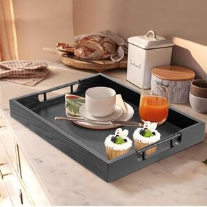 Elegant Black Wooden Serving Tray with Metal Handles
